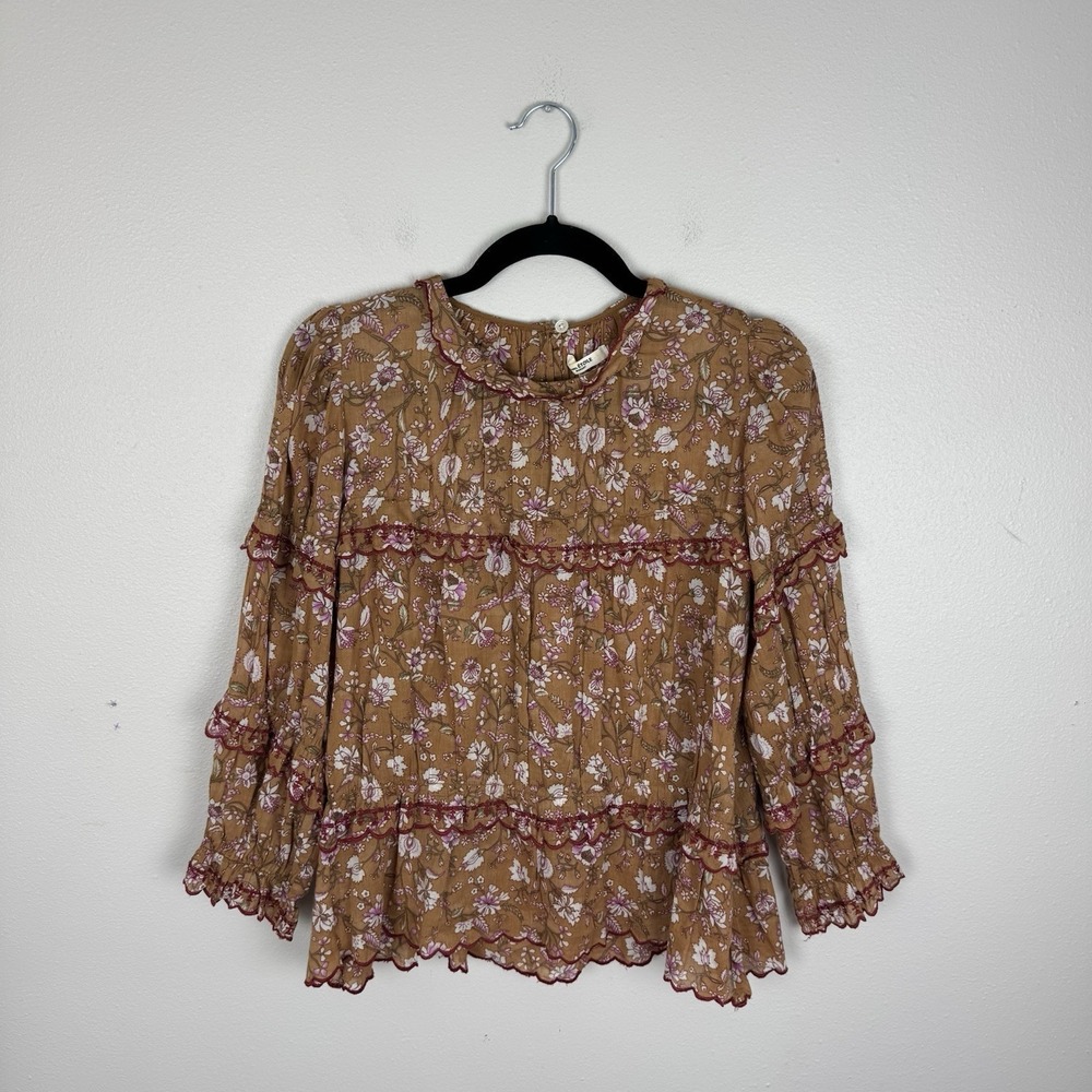 Isabel Marant Etoile Floral Print Top Brown Tiered Scalloped Moxley Size 36
